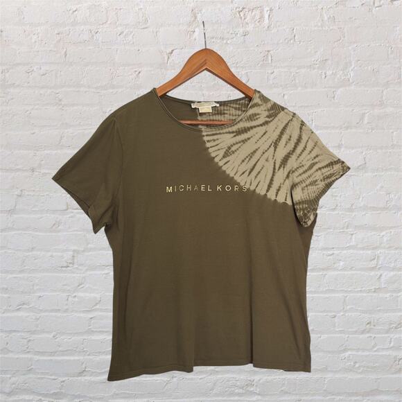 Michael Kors Tops - Michael Kors 1X Olive Green Gold Logo Tee Tie Dye Short Sleeve Plus Top